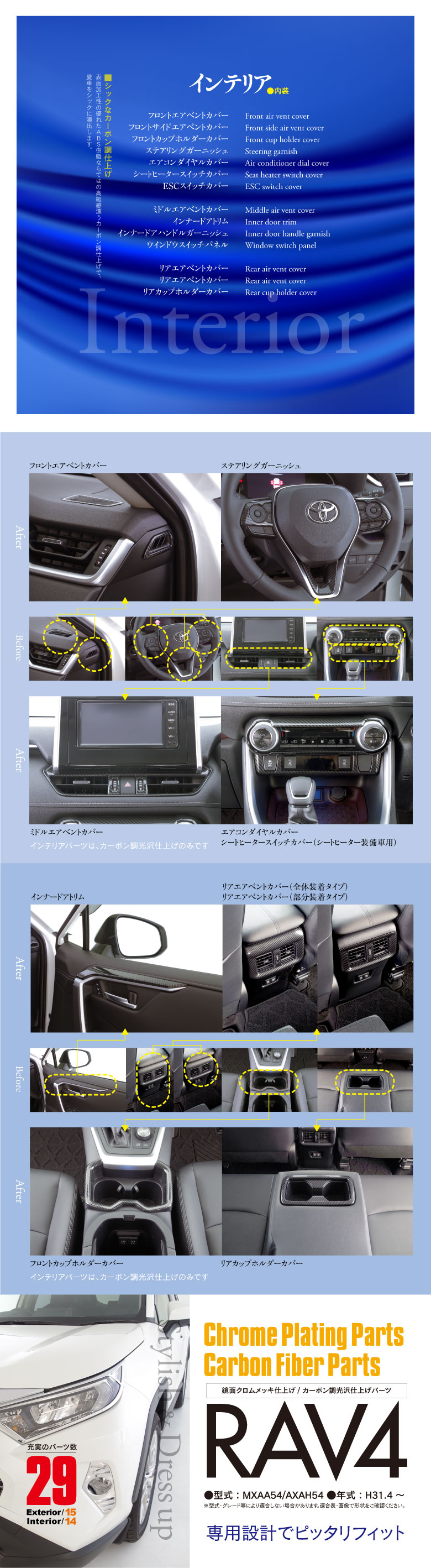 新型RAV4専用 鏡面クロムメッキ/カーボン調パーツ